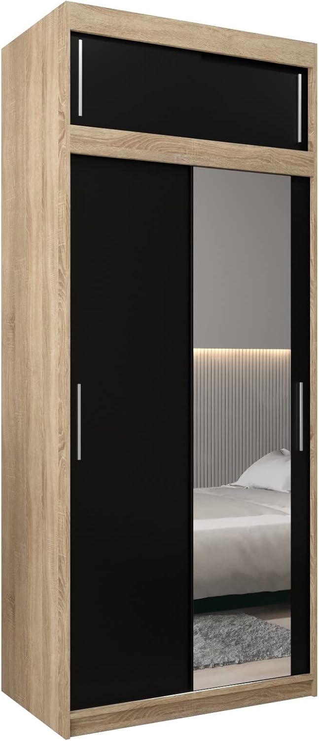 MEBLE KRYSPOL Kleiderschrank mit Spiegel Tokyo 2 - Garderobenschrank - Schrank Schlafzimmer - Mehrzweckschrank DREI Schiebetüren - Regalen - Flur Möbel - Kleiderstange Schrank - Allzweckschrank