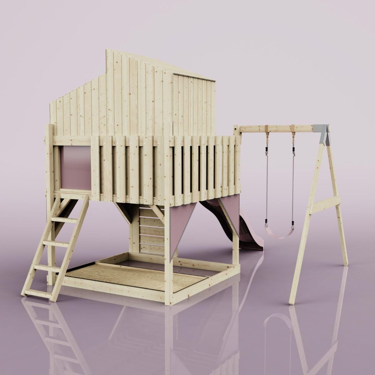 Rebo Spielturm mit Spielhaus inkl. Wellenrutsche und Kinder-Schaukel | Outdoor Klettergerüst Garten | Kletterwand und Kletterleiter | Stabile Konstruktion, Weiches Gefühl in den Seilen