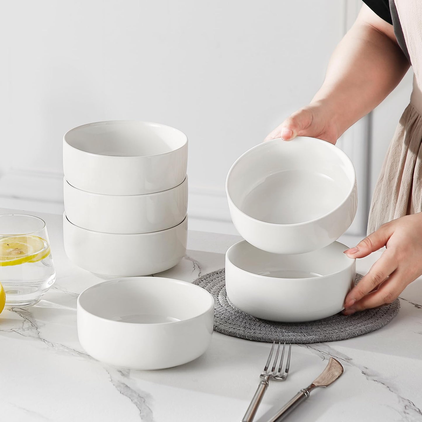 MALACASA Geschirrset 6 Personen, LUNA 24-tlg Tafelservice aus Weißem Porzellan, Modernes Geschirr Set mit je 6 Speiseteller, Dessertteller, Suppenteller und Müslischalen