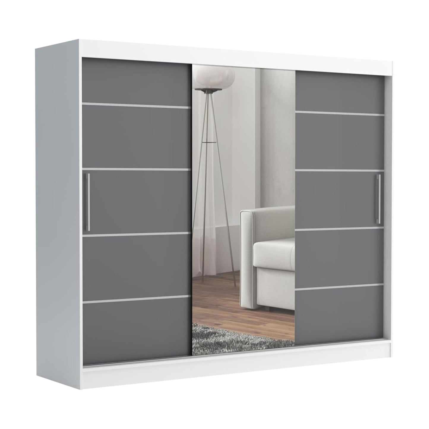 Brent - Kleiderschrank mit Spiegel und Schubladen 235cm Breit Chelsea Tomy, Schwebetürenschrank mit Spiegel, Schlafzimmerschrank, Kleiderschrank Schwarz