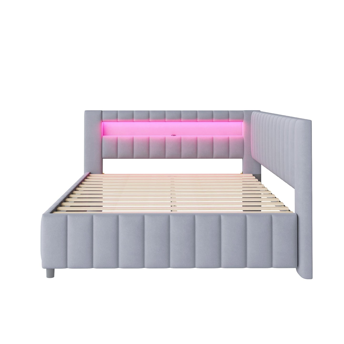 KEYIDE Upholstered Sofa Bed, 140 x 200 cm with LED Lighting and USB Charging, Bed Frame with Wooden Slatted Frame, Day Bed, Guest Bed, Youth Bed, Velvet Fabric, Without Mattress (Grey, 140 x 200)