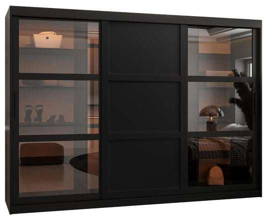MEBLE KRYSPOL Dome 2 Schrank mit DREI Schiebetüren mit Spiegel, Stangen und Regalen - Aufbewahrungsschrank mit Rauchglas für Schlafzimmer, Wohnzimmer - 200x250x62cm - Schwarz, Schwarz, Schwarz