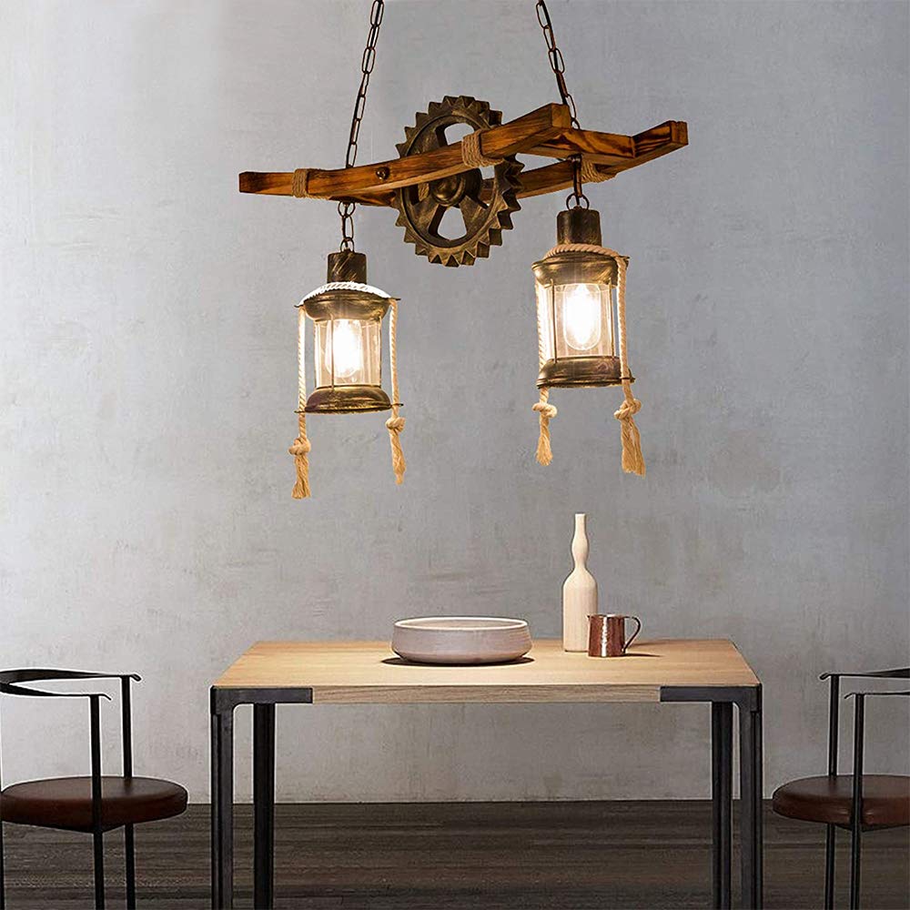 E27 Industrieller Retro Pendelleuchte Massivem Holz Esstisch Lamp Antike Getriebeleuchten Wohnzimmer Kronleuchter Höhenverstellbare Schlafzimmer Hängelampe Bar Dekoration Deckenleuchten (3 Flamme)