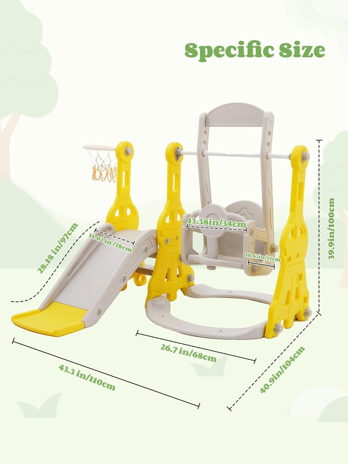 Children's Slide, 4-in-1 Indoor & Outdoor Slide, Freestanding Slide with Basketball Hoop & Height-Adjustable Swing, Garden Slide, Children's Playground, Yellow