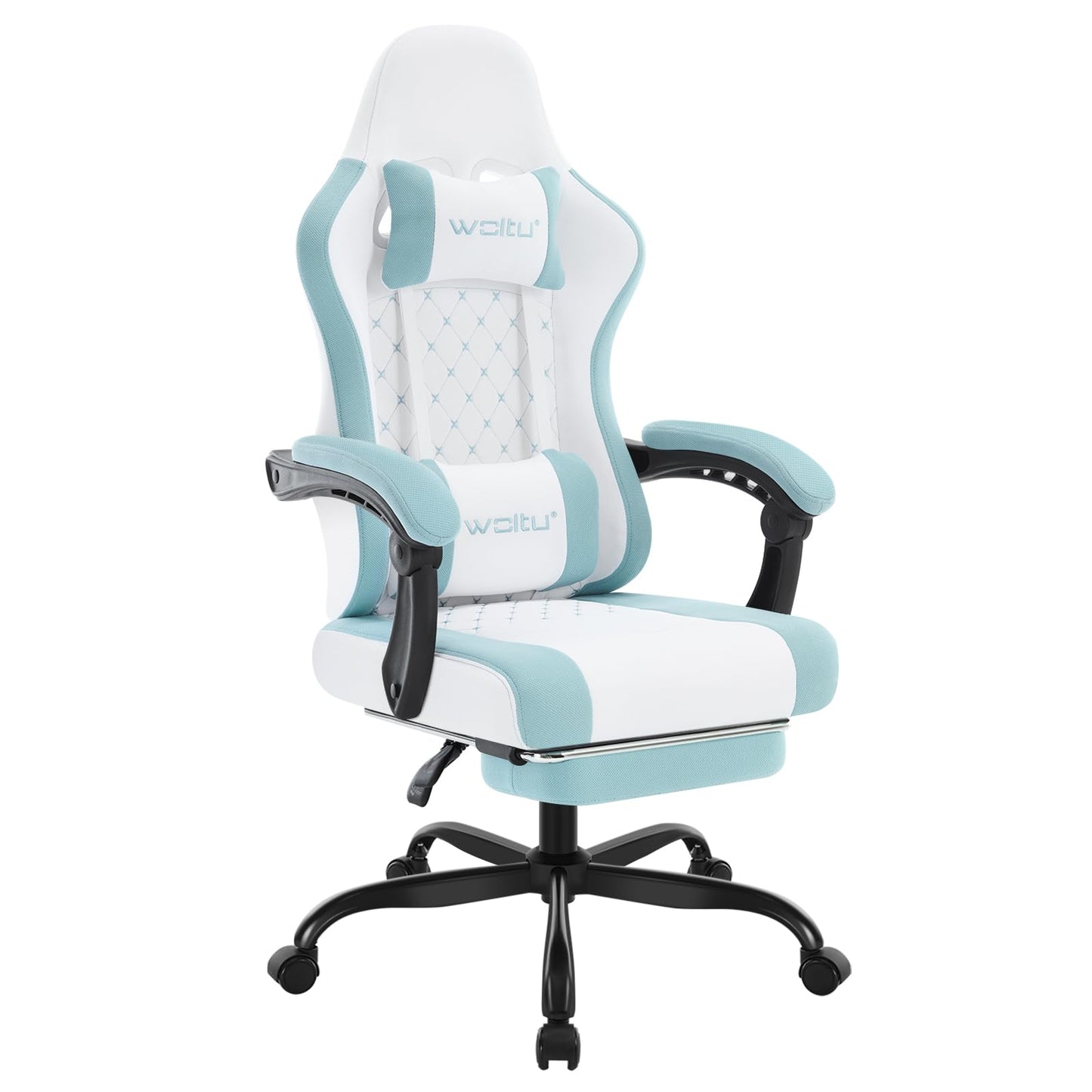 WOLTU Gaming Stuhl mit Massagefunktion, Computerstuhl Ergonomisch, Taschenfederkissen, Lendenmassage, Kopfkissen, Fußstütze, Drehstuhl, 150 kg, Netzstoff, Rosa+Weiß