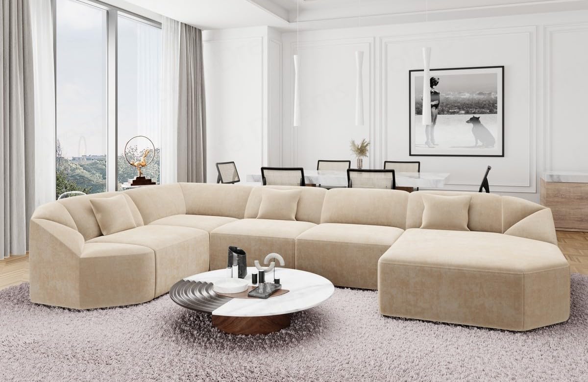 Wohnlandschaft Cabrera U-Shape Fabric Sofa in Velvet Designer Sofa Sun Velvet (Green, Ottoman Left)