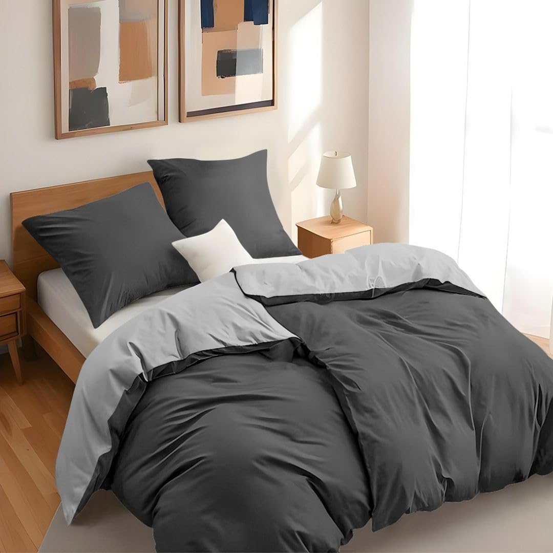 Dreamzie - Bed Linen Set 200 x 200 cm with 2 Pillowcases 80 x 80 cm Light Grey/White - 1 Duvet Cover 200 x 200 cm Made of 100% Microfibre - Certified No Chemicals (Oeko Tex)
