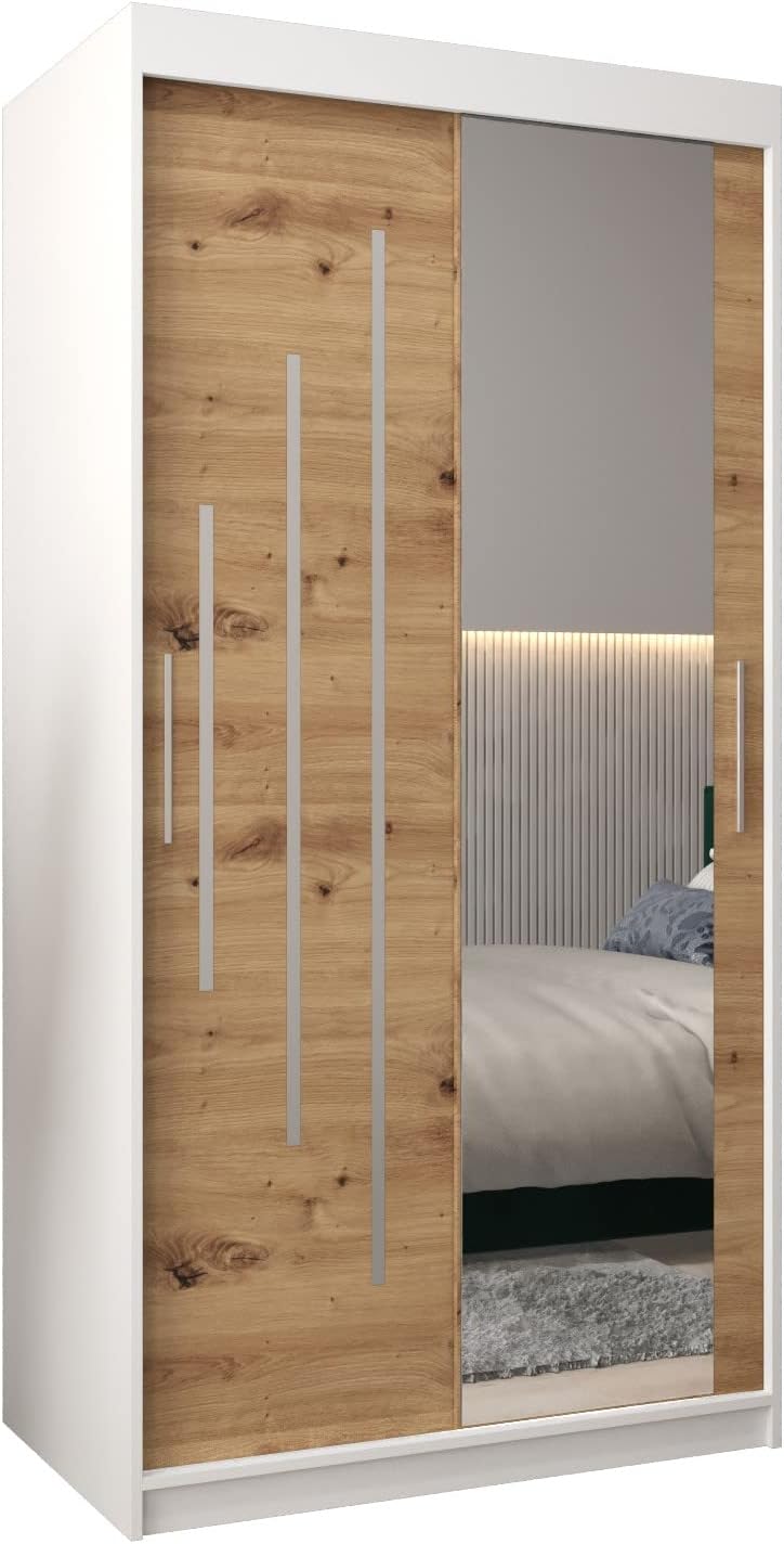 MEBLE KRYSPOL Kleiderschrank mit Spiegel York 2 - Garderobenschrank - Schrank Schlafzimmer - Mehrzweckschrank Zwei Schiebetüren - Regalen - Flur Möbel - Kleiderstange Schrank - Allzweckschrank