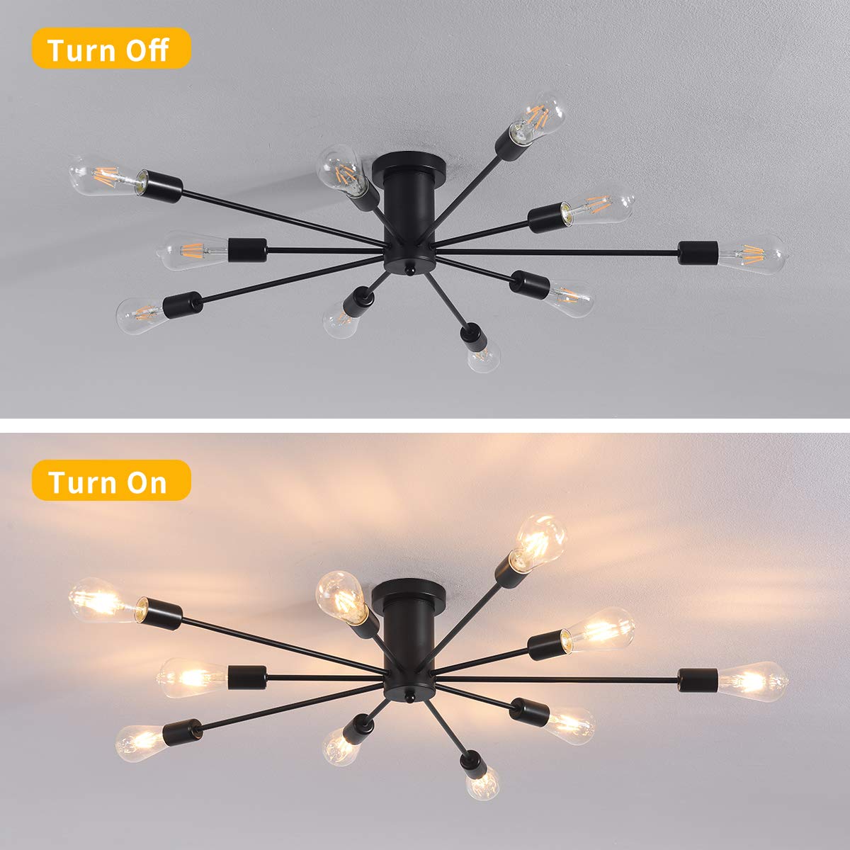 JIINOO 10 Lights Modern Chandelier Ceiling Light Gold Industrial Ceiling Lamp Medieval Semi Flush Mount Chandelier Ceiling Light for Kitchen Dining Room Living Room Bedroom Lighting