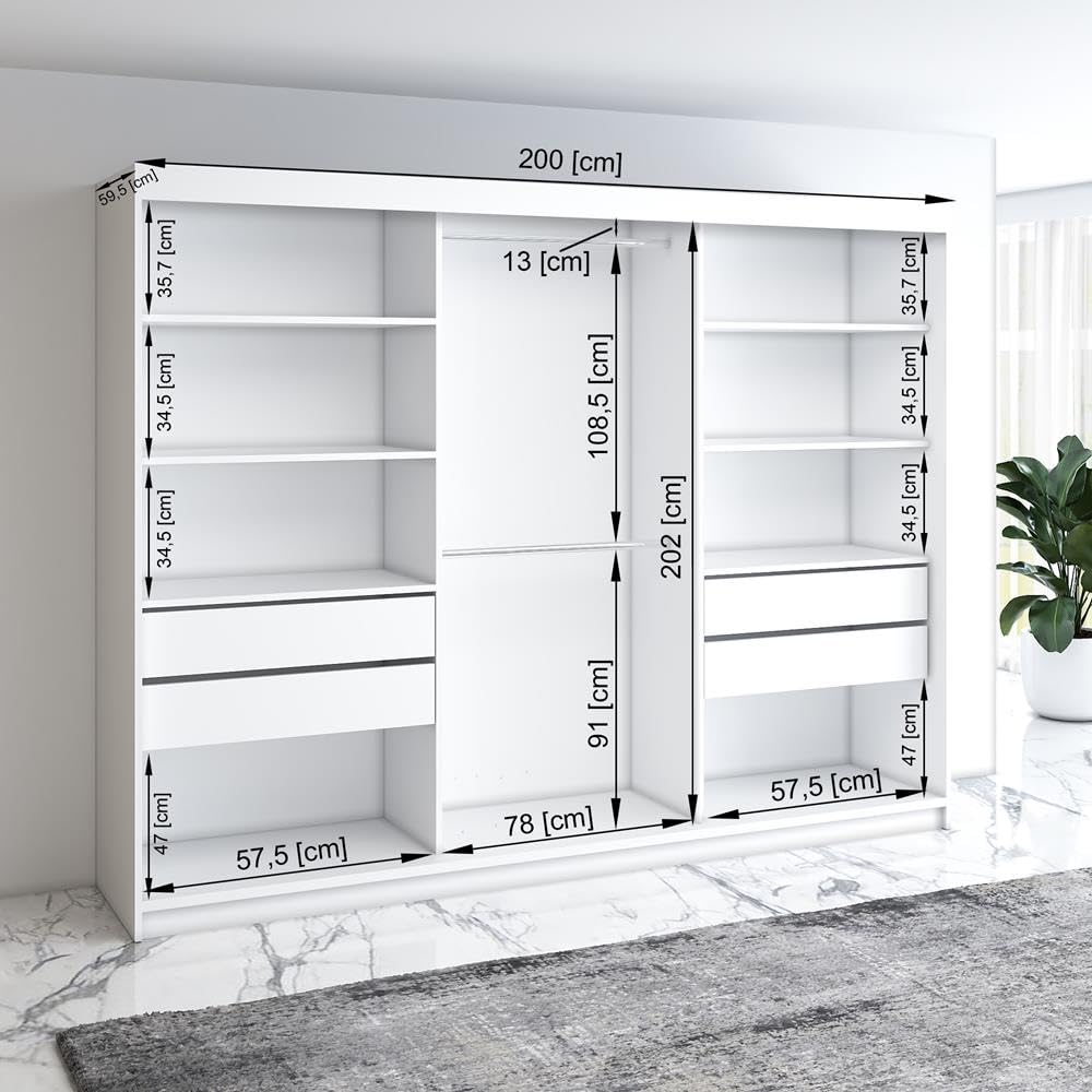 A&J MöbelLand Schwebetürenschrank VILANO 2, 3-türig Schrank 200 cm Kleiderschrank mit 4 Schubladen, und Spiegel (Weiß, Schwarz, Somona) (Schwarz/schwarz/schwarz)