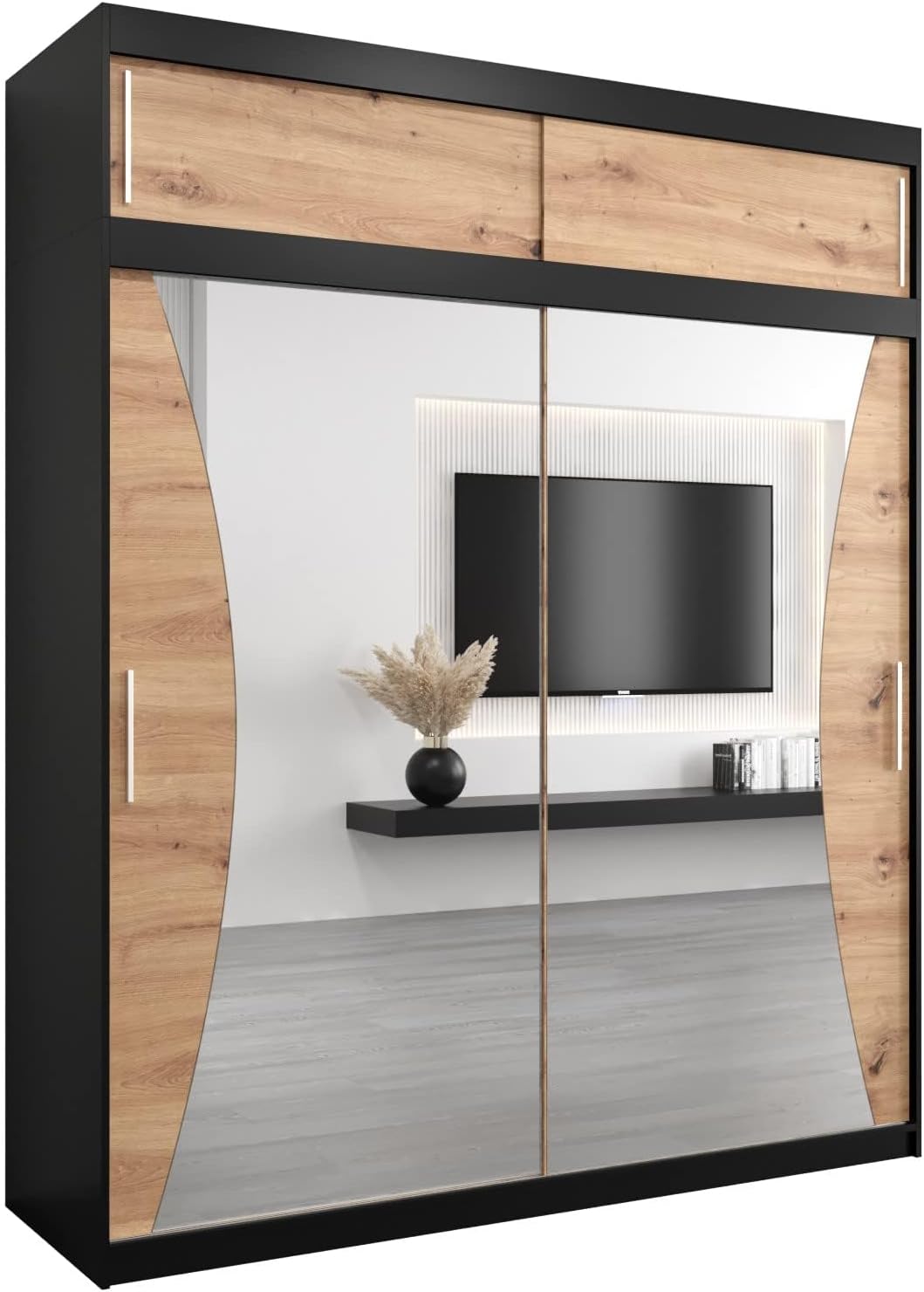 MEBLE KRYSPOL Kleiderschrank mit Spiegel Monaco - Garderobenschrank - Schrank Schlafzimmer - Mehrzweckschrank DREI Schiebetüren - Regalen - Flur Möbel - Kleiderstange Schrank - Allzweckschrank