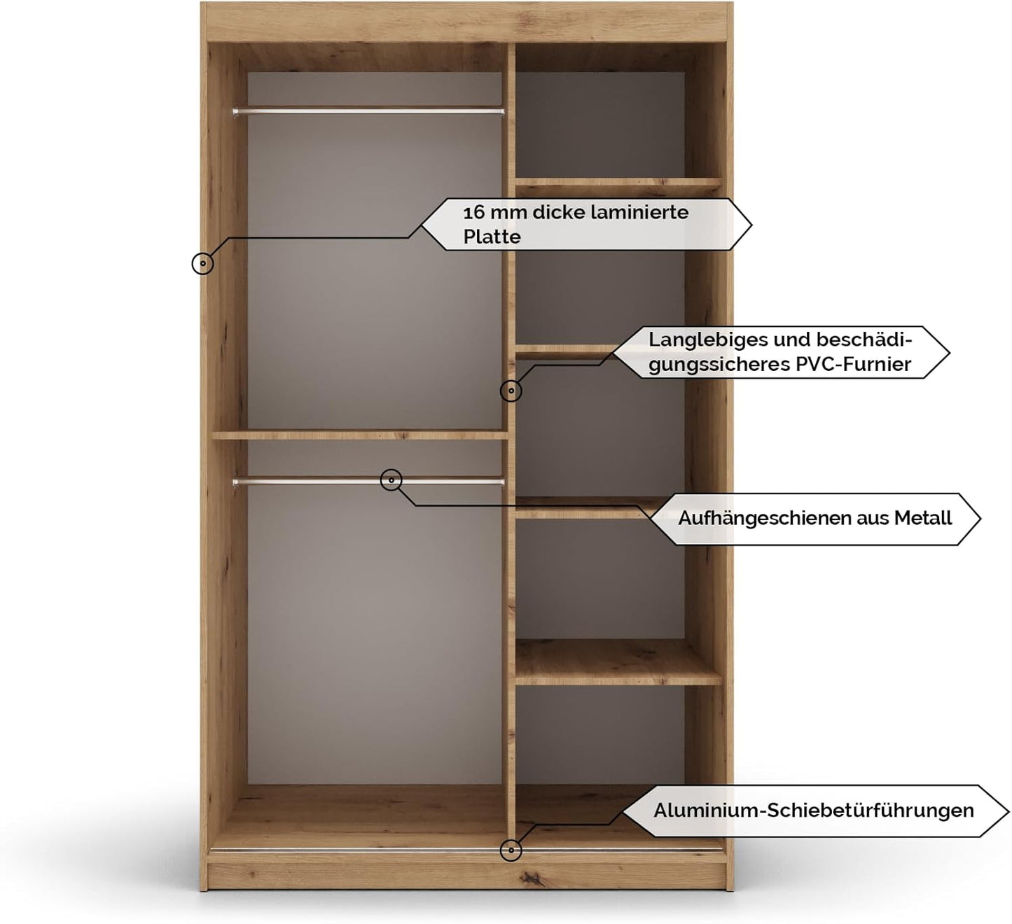 Kryspol Schwebetürenschrank York 250 cm Kleiderschrank mit Kleiderstange und Einlegeboden Schlafzimmer- Wohnzimmerschrank Schiebetüren Modern Design (Weiß)