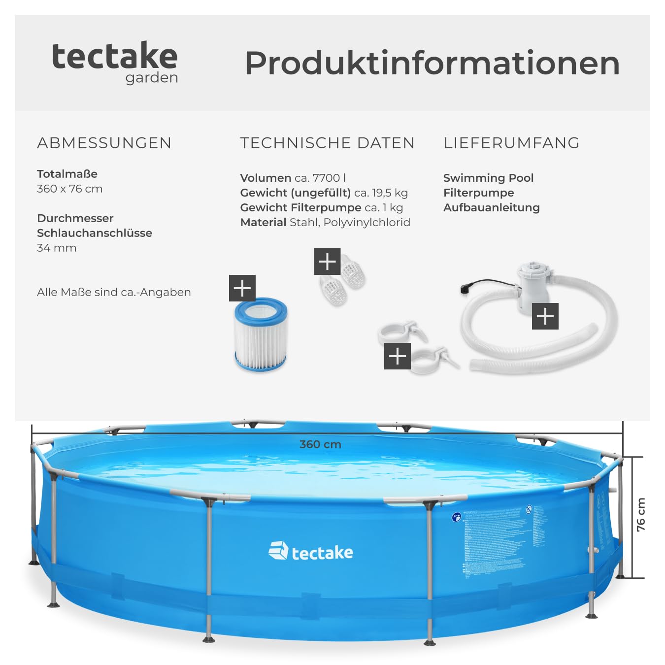 tectake® Swimming Pool, Large Swimming Pool, Rectangular, Frame Pool, Pool for Garden, Steel Frame Pool, Complete Set, Outdoor Garden Pool, Above Ground Pool, 300 x 207 x 70 cm, Grey