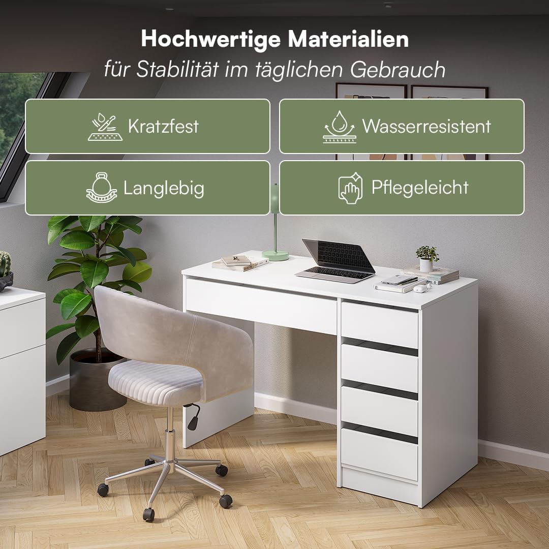 Bellamio Nore Schreibtisch in Schwarz mit 5 Schubladen - Jugendschreibtisch 75x53x110 cm - Schminktisch & Schreibtisch Kombi - Computertisch mit Schubladen beidseitig montierbar – Bürotisch