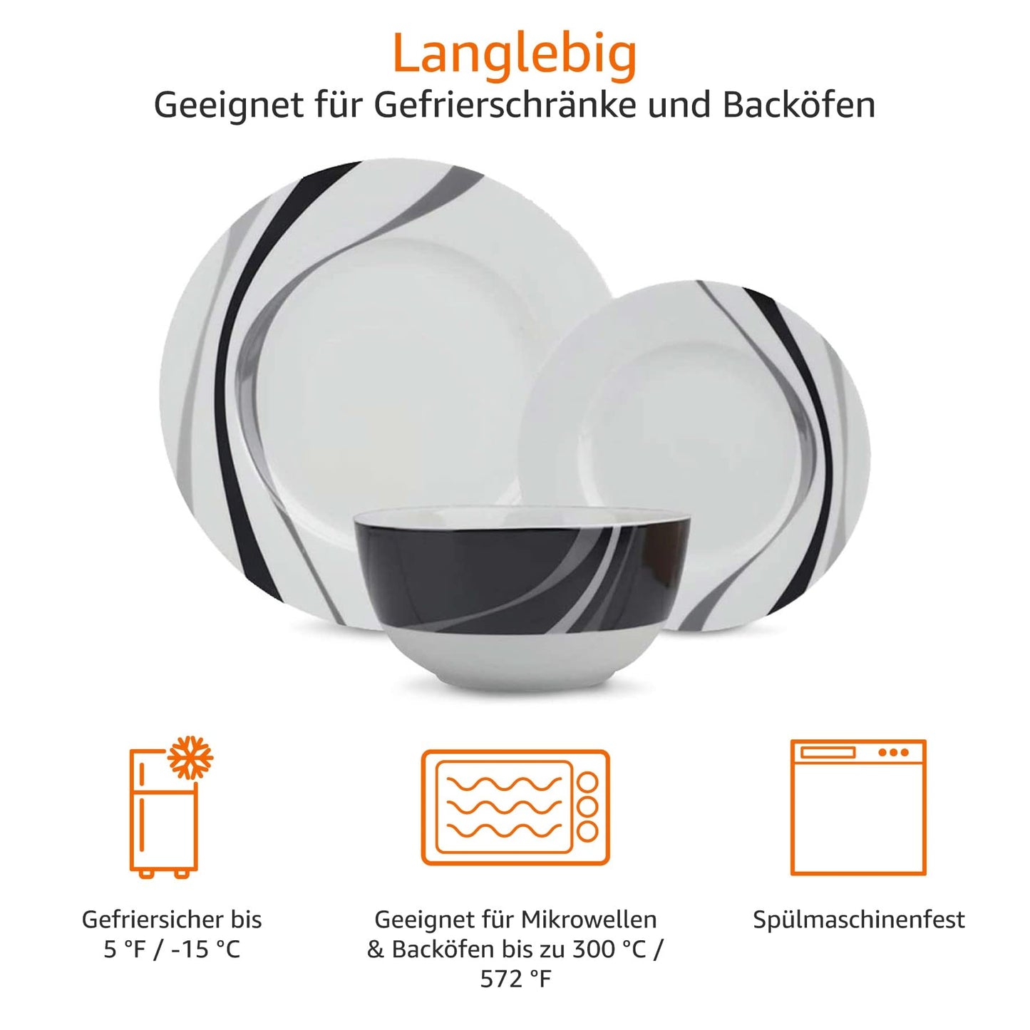 Amazon Basics 18-Piece Tableware Set, for 6 People, Modern Rays