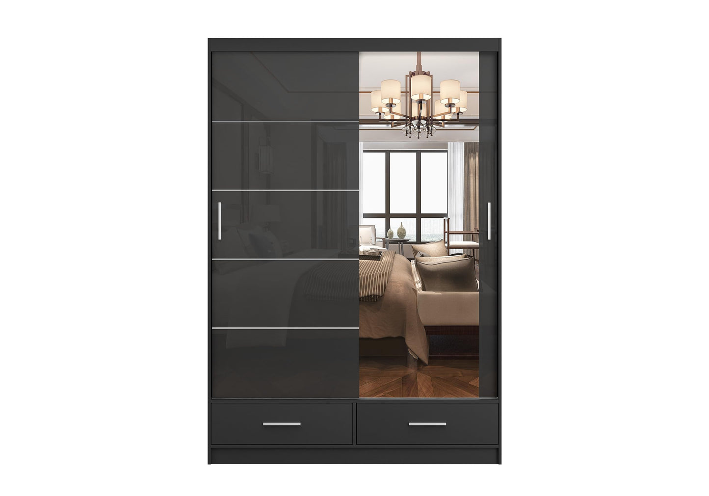 Fabryka Mebli Idźczak Kleiderschrank mit Spiegel weiß - Schwebetürenschrank - Schlafzimmerschrank - 61 x 250 x 218 cm - Wohnzimmerschrank - Garderobenschrank, Schrank mit 2 Türen, 4 Schubladen