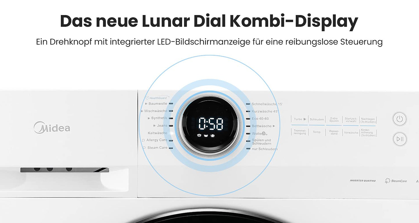 Midea MF10EW70BA10 Waschmaschine / 7kg / 1400 U/Min/EEK A-10%/Inverter Quattro Motor/Dampffunktion/Grosse Trommel/Nachlegefunktion/Kindersicherung/AquaStop, Weiß