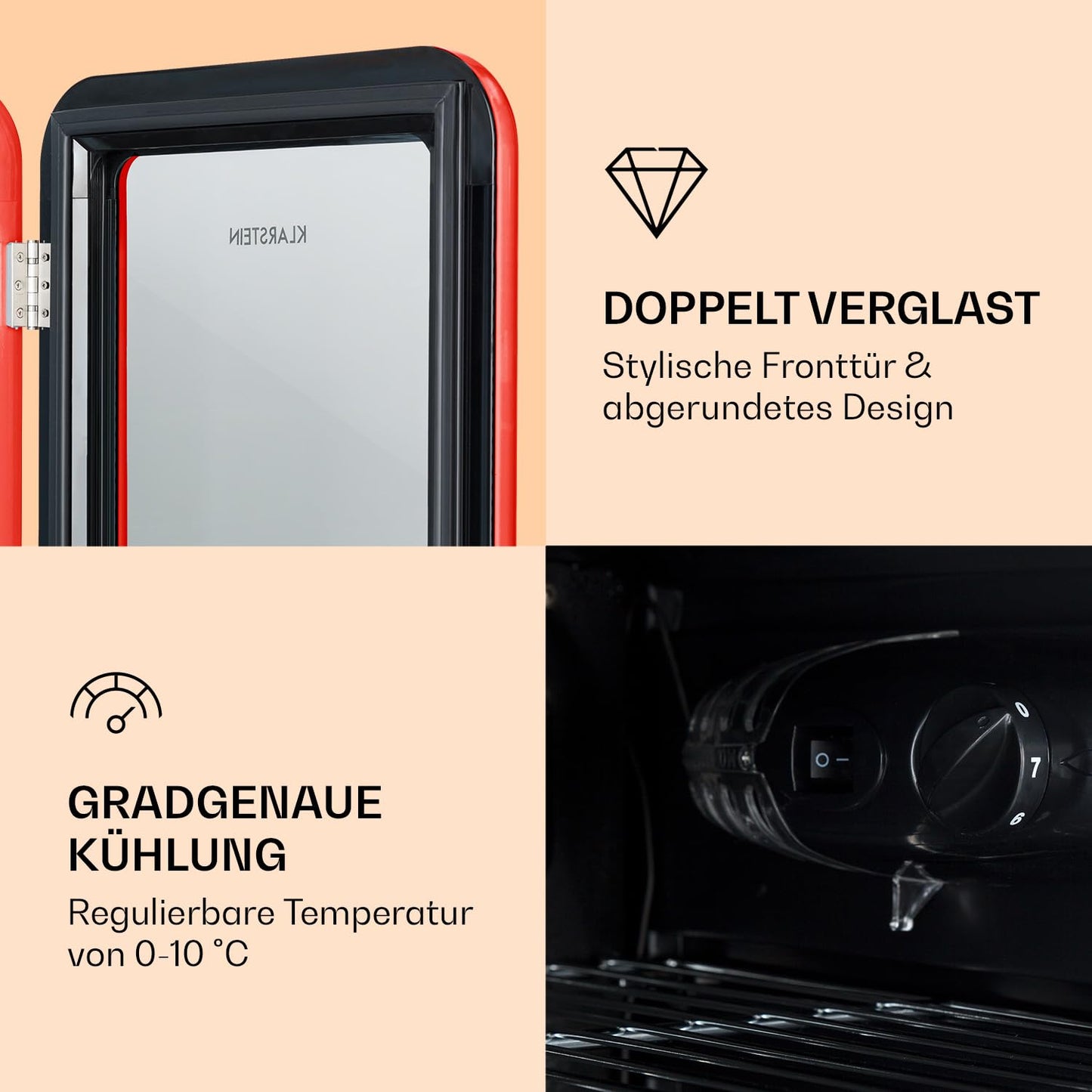 Klarstein PopLife Getränkekühler - Mini-Bar, Retrokühlschrank, 0-10°C, nur 39 dB, 115 L, umweltfreundlich, doppelt verglaste Tür, Retro-Design, rot