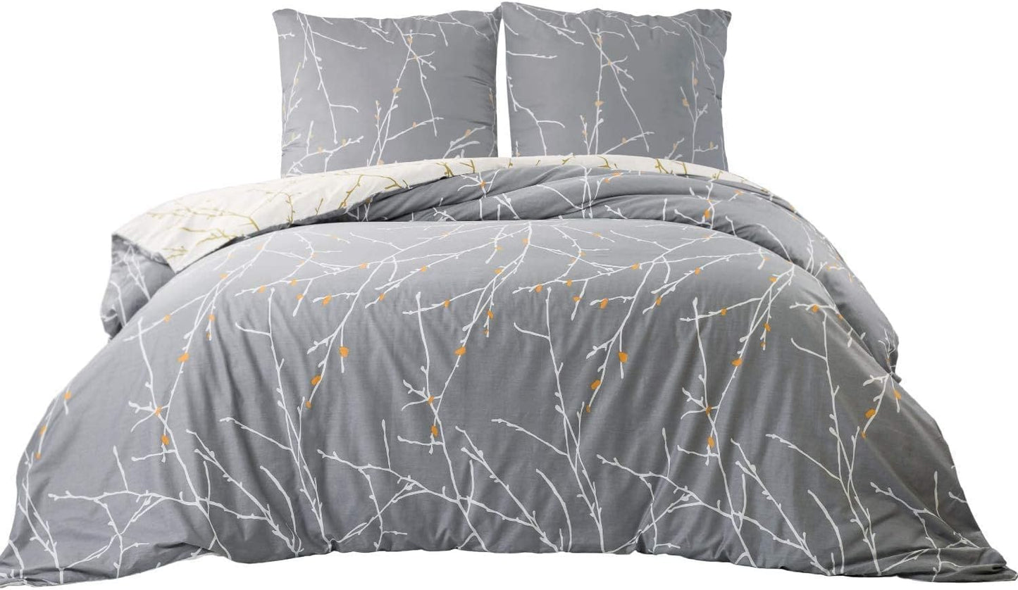 BEDSURE Bettwäsche 135x200 4teilig Bettbezug - Bettwäsche-Sets 135 x 200 cm 2er Set mit 2 Kissenbezüge 80x80cm, ÖKO-TEX Wendebettwäsche Bedding Zweige Grau Muster mit Reißverschluss