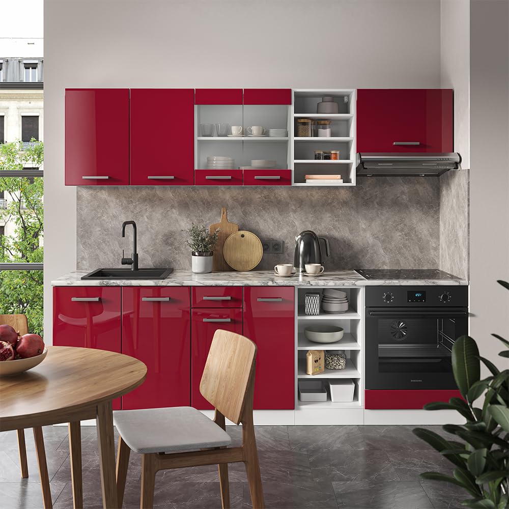 Vicco Küchenzeile R-Line, Küchenblock, Blau-Grau/Weiß, 240 cm ohne Arbeitsplatte