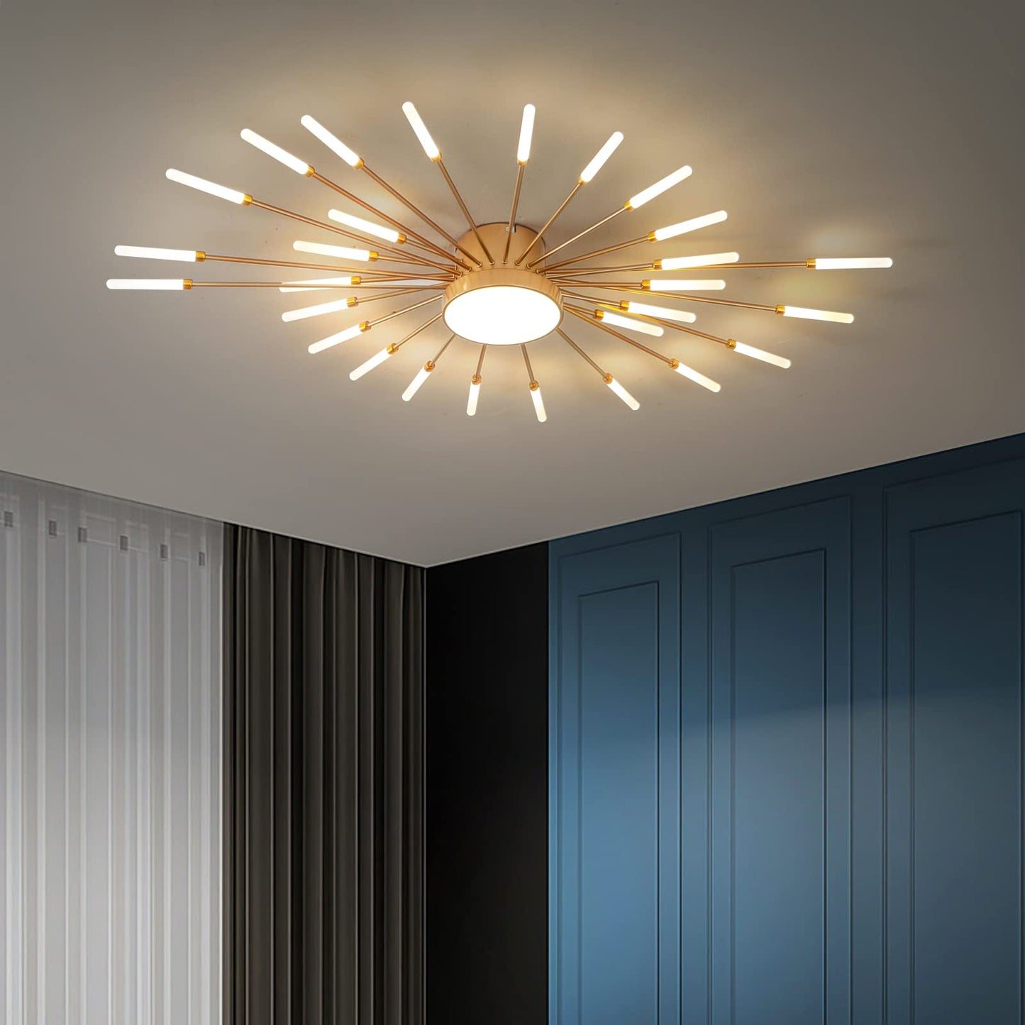 minifair Moderne LED-Deckenleuchte, 12 + 1 Köpfe, halbbündige Deckenleuchte, goldene Kronleuchter, Deckenbeleuchtung für Schlafzimmer, Wohnzimmer, Küche, Esszimmer, Restaurant