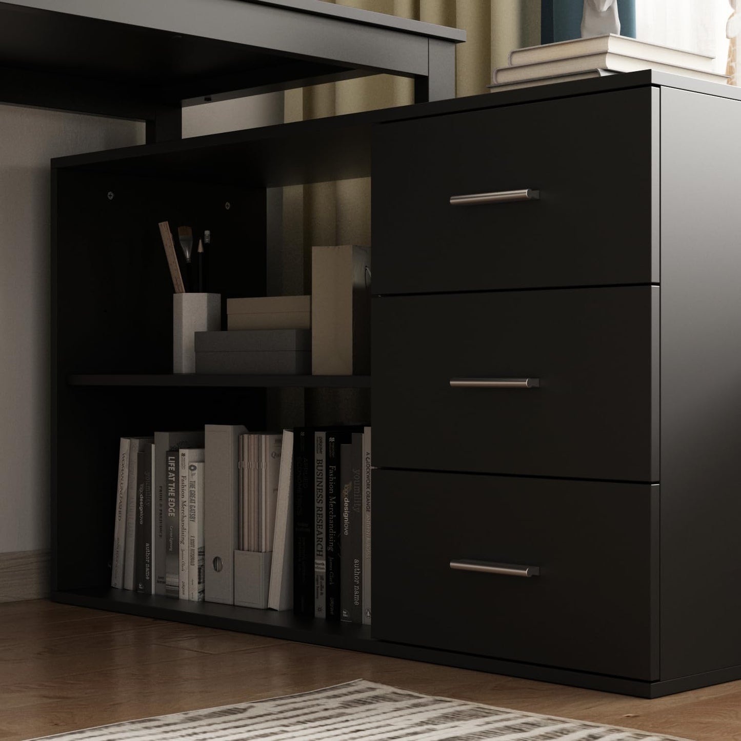 130cm Großer L Förm Schreibtisch mit 105cm Aktenschrank, Eckschreibtisch Computertisch mit 3 Schubladen & 2 Regalen, Arbeitsplatz Executive-Schreibtisch mit Lagerregal für Home Office (Schwarz)