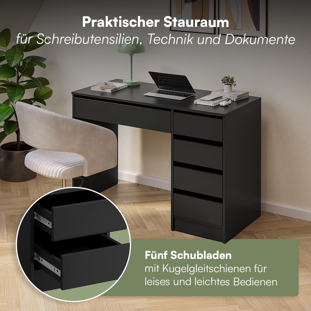 Bellamio Nore Schreibtisch in Schwarz mit 5 Schubladen - Jugendschreibtisch 75x53x110 cm - Schminktisch & Schreibtisch Kombi - Computertisch mit Schubladen beidseitig montierbar – Bürotisch