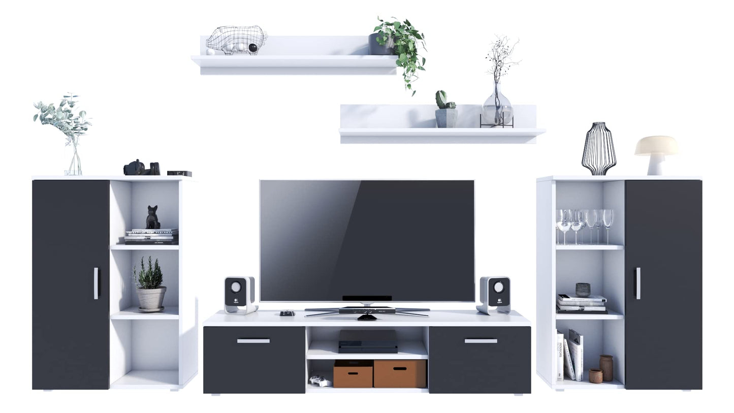 MATKAM Herkules II Wall Unit, Modern Living Room Cabinet with TV Table, Sideboard and Wall Shelf, Living Room Complete Furniture (White/Black)