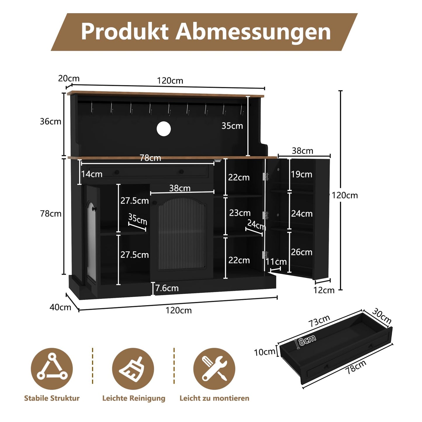 HOLTICO Küchenschrank mit Arbeitsplatte, Küchenbuffet Buffetschrank Grün, Weinschrank mit Schublade und Oberer Ablage, Kommoden & Sideboards für Wohnzimmer, Esszimmer
