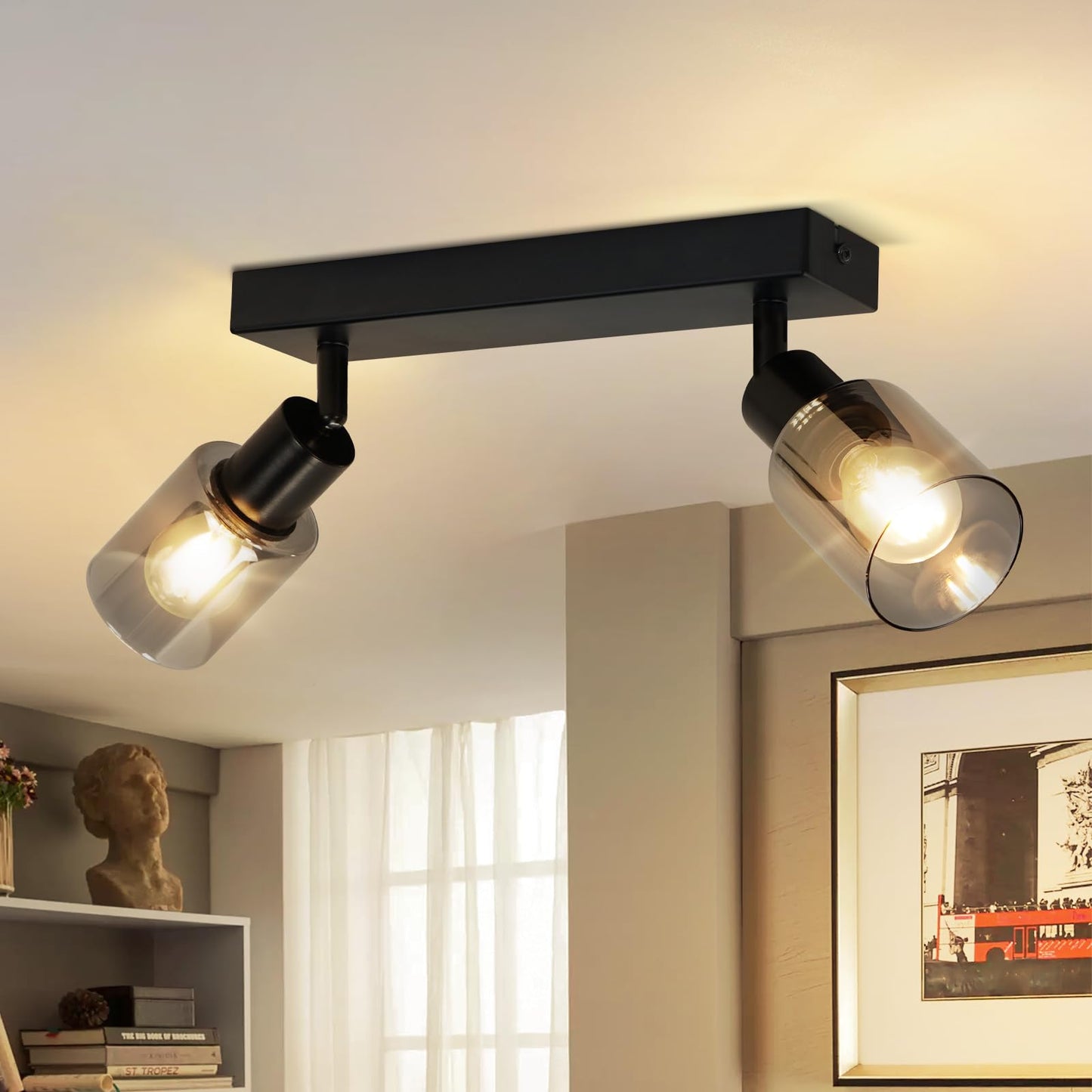Kowanie Deckenlampe Vintage 6 flammig: Industrial Wohnzimmerlampe Schwarz Deckenleuchte Wohnzimmer retro Kronleuchter aus Glas Deckenbeleuchtung inkl. 6 × E14 2700K Leuchtmittel für Küche