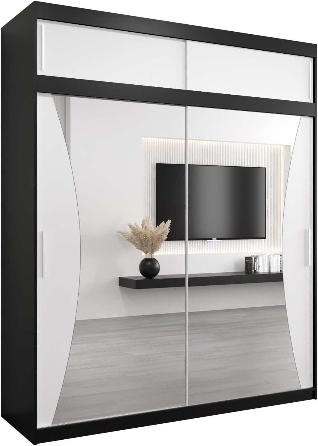 MEBLE KRYSPOL Kleiderschrank mit Spiegel Monaco - Garderobenschrank - Schrank Schlafzimmer - Mehrzweckschrank DREI Schiebetüren - Regalen - Flur Möbel - Kleiderstange Schrank - Allzweckschrank