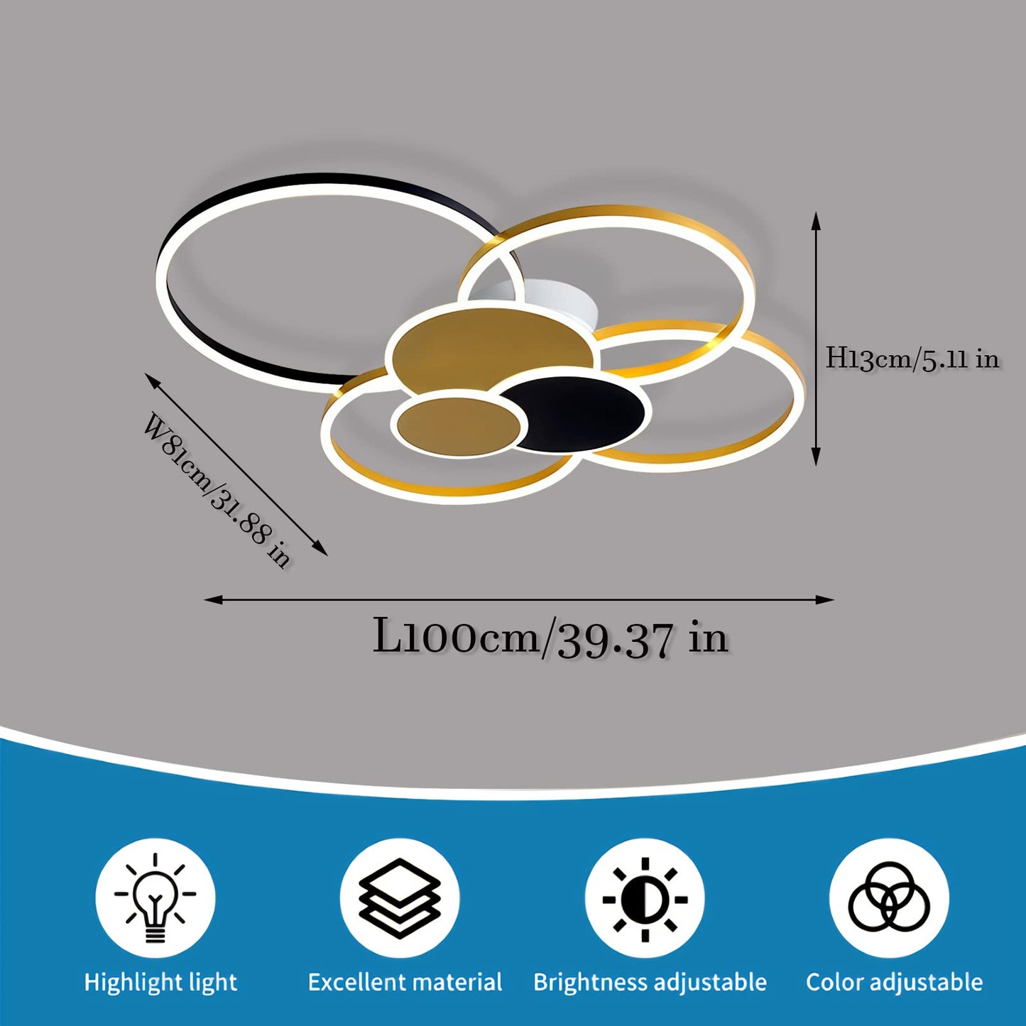 WERSVG L80cm Modern LED Deckenleuchte Wohnzimmer Deckenlampe gold 6-Ring Deckenleuchte 70W 5600LM Dimmbar 3500K - 6500KMit Fernbedienung flurlampe decke, für Wohnzimmer Schlafzimmer Küche Esszimmer