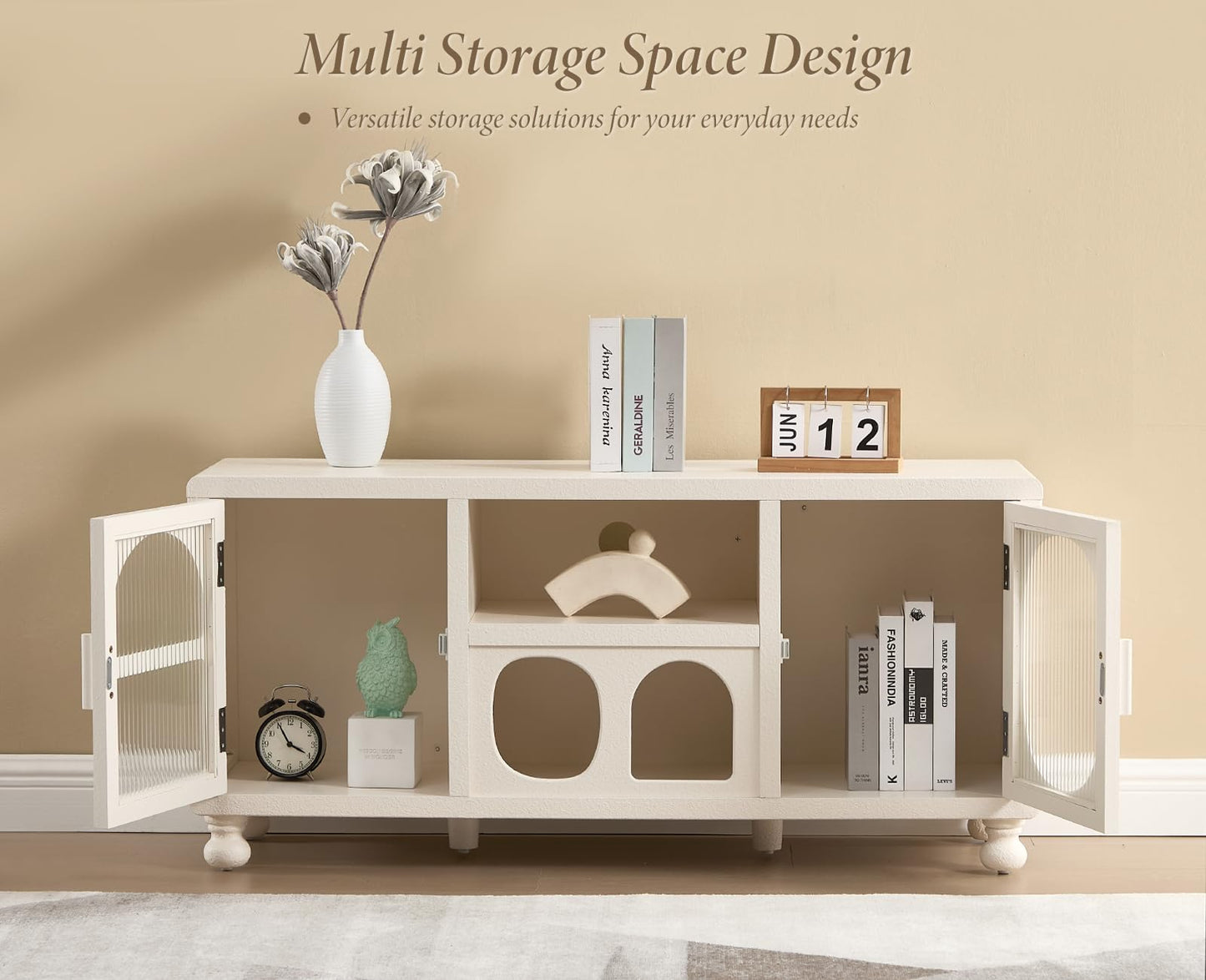 Ya-Home Lowboard with 2 Glass Doors Storage Cabinet with Compartments Sideboard with Solid Wood Legs for Living Room Black