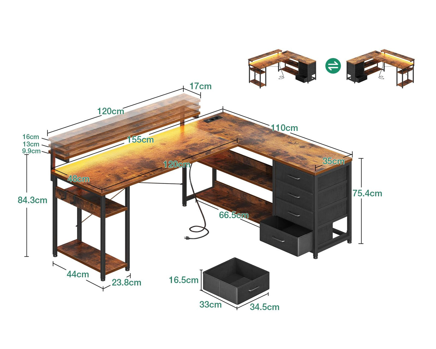 ODK Schreibtisch mit Schubladen, Reversible Eckschreibtisch mit 2 Steckdosen und 2 USB Ladeanschluss, Bürotisch L Form mit LED für Home Office 155×110cm (Alles Weiß)