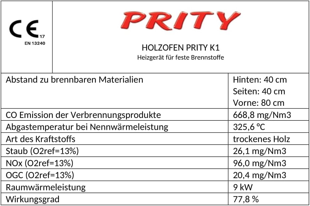 Prity K1 Wood Stove 9.5 kW