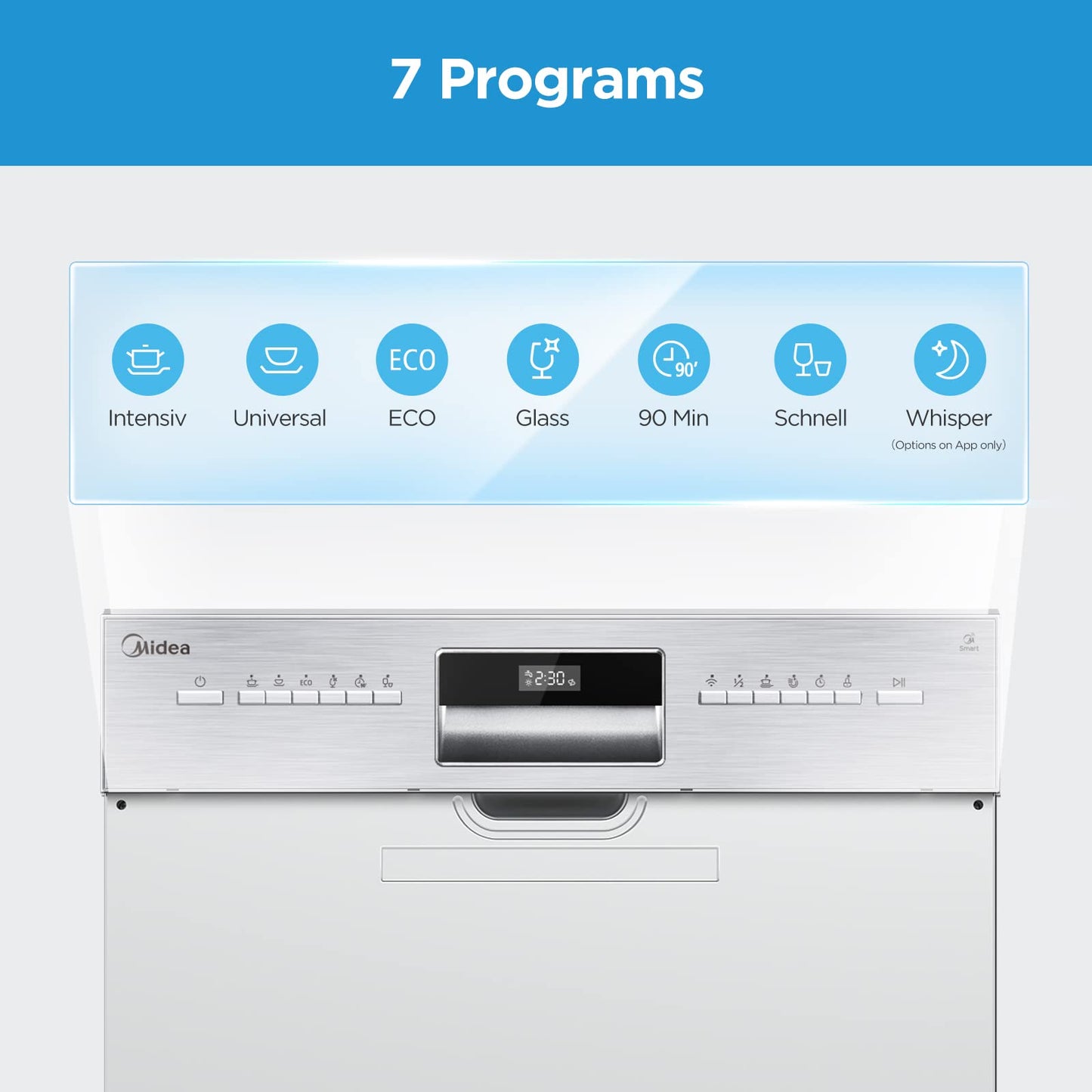 Midea MDWEU1435XSS-W Dishwasher, Integrated, 14 Place Settings, 60 cm, Partially Integrated with WiFi, Extra Drying, 7 Programmes, 47 dB, 0-24 Hours Start Time Delay, Stainless Steel