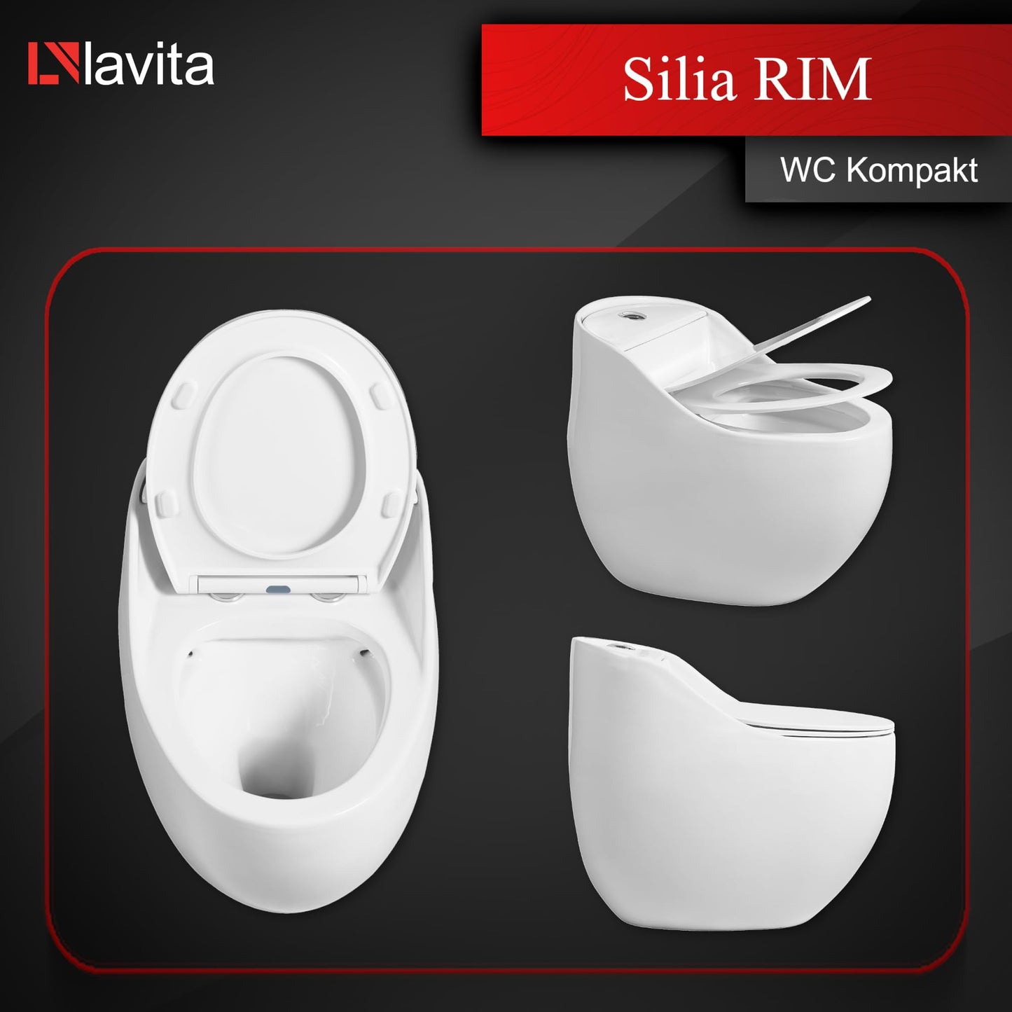 LAVITA Einteilige Stand-WC Mit Eingebautem Spülkasten SILIA RIM BLACK/GOLD LINE | Deckel Mit Absenkautomatik | Keramik Toilette Spülrandlos | Toilettenbecken Stehend + Anschlussstück