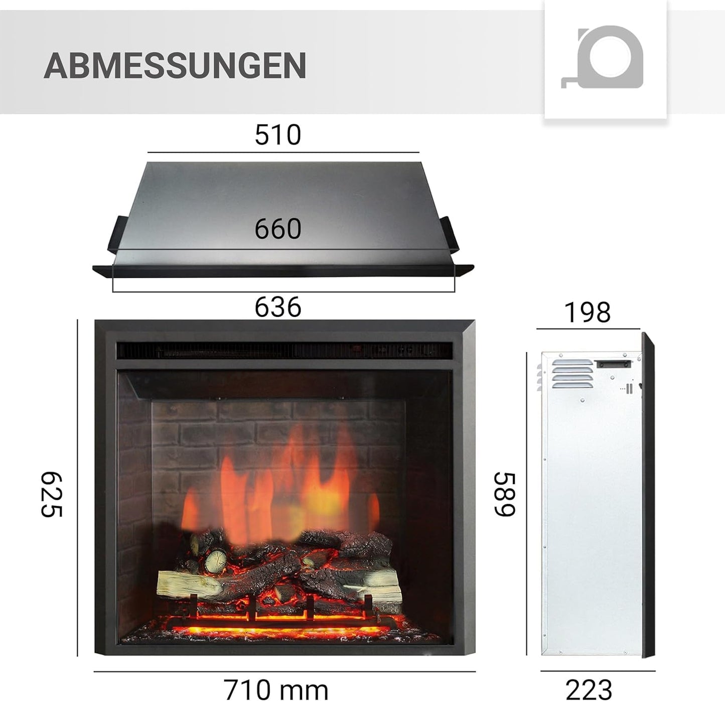 BALDERIA Calida 26" Elektrokamin - Elektrischer Einbaukamin mit 3D-Flammeneffekt | Elektro Heizung 2000W | Knister-Sound | Kamin mit Fernbedienung & Thermostat | Schwarz