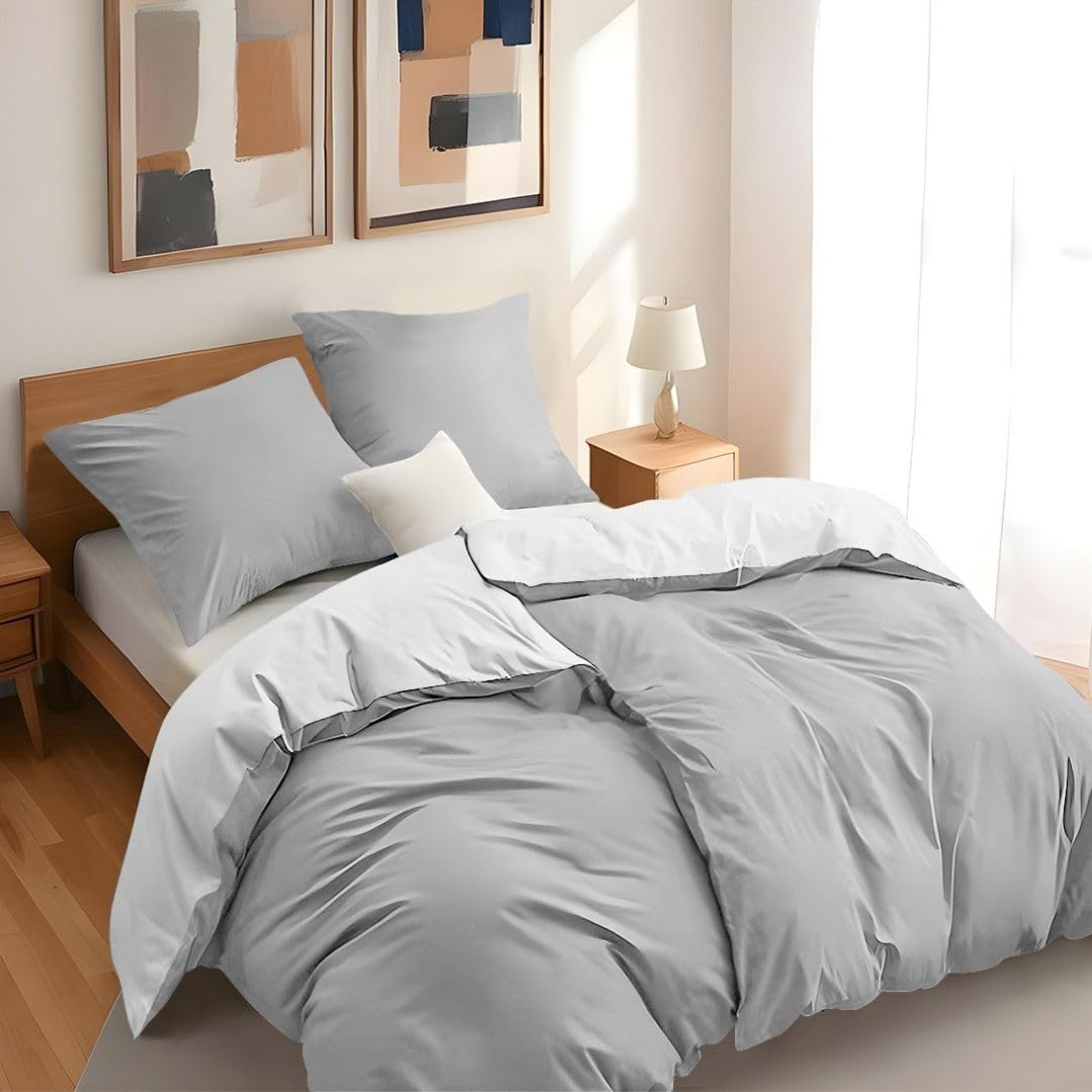Dreamzie - Bed Linen Set 200 x 200 cm with 2 Pillowcases 80 x 80 cm Light Grey/White - 1 Duvet Cover 200 x 200 cm Made of 100% Microfibre - Certified No Chemicals (Oeko Tex)