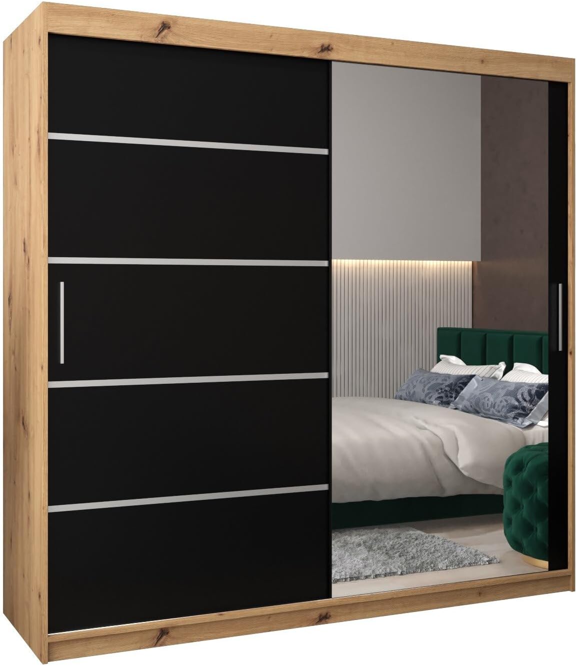 MEBLE KRYSPOL Kleiderschrank mit Spiegel Verona 2 - Garderobenschrank - Schrank Schlafzimmer - Mehrzweckschrank DREI Schiebetüren - Regalen - Flur Möbel - Kleiderstange Schrank - Allzweckschrank