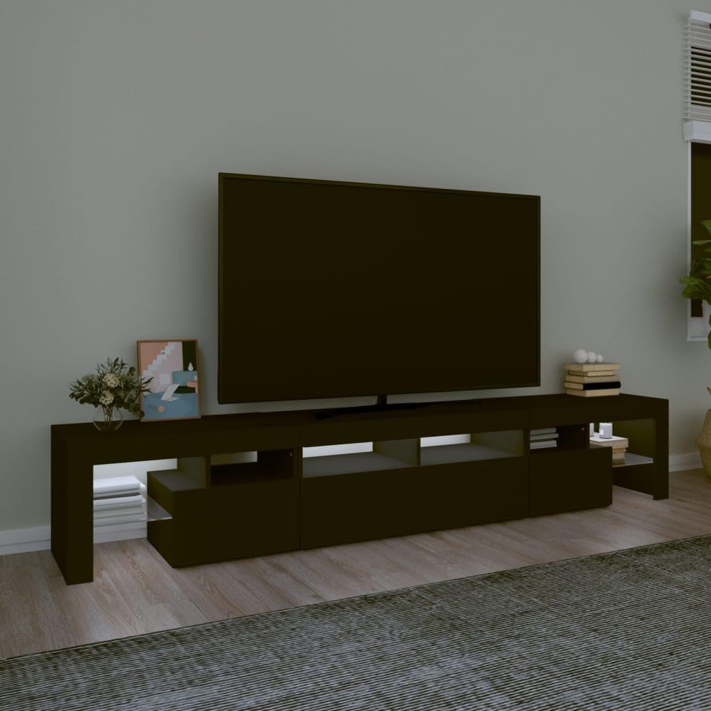 IKAYAA TV Cabinet with LED TV Cabinet, 200 cm Long, TV Lowboard, Wooden TV Table, Modern TV Table, TV Board, TV Cabinet for the Living Room, Black, 230 x 36.5 x 40 cm