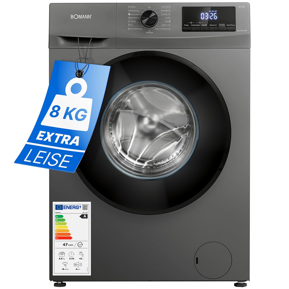 Bomann® Washing Machine 8 kg | Max. 1400 rpm | Robust, Quiet & Durable Inverter Motor | 15 Washing Programmes | LED Display | with Steam Function | WA 7185 Titanium - Black