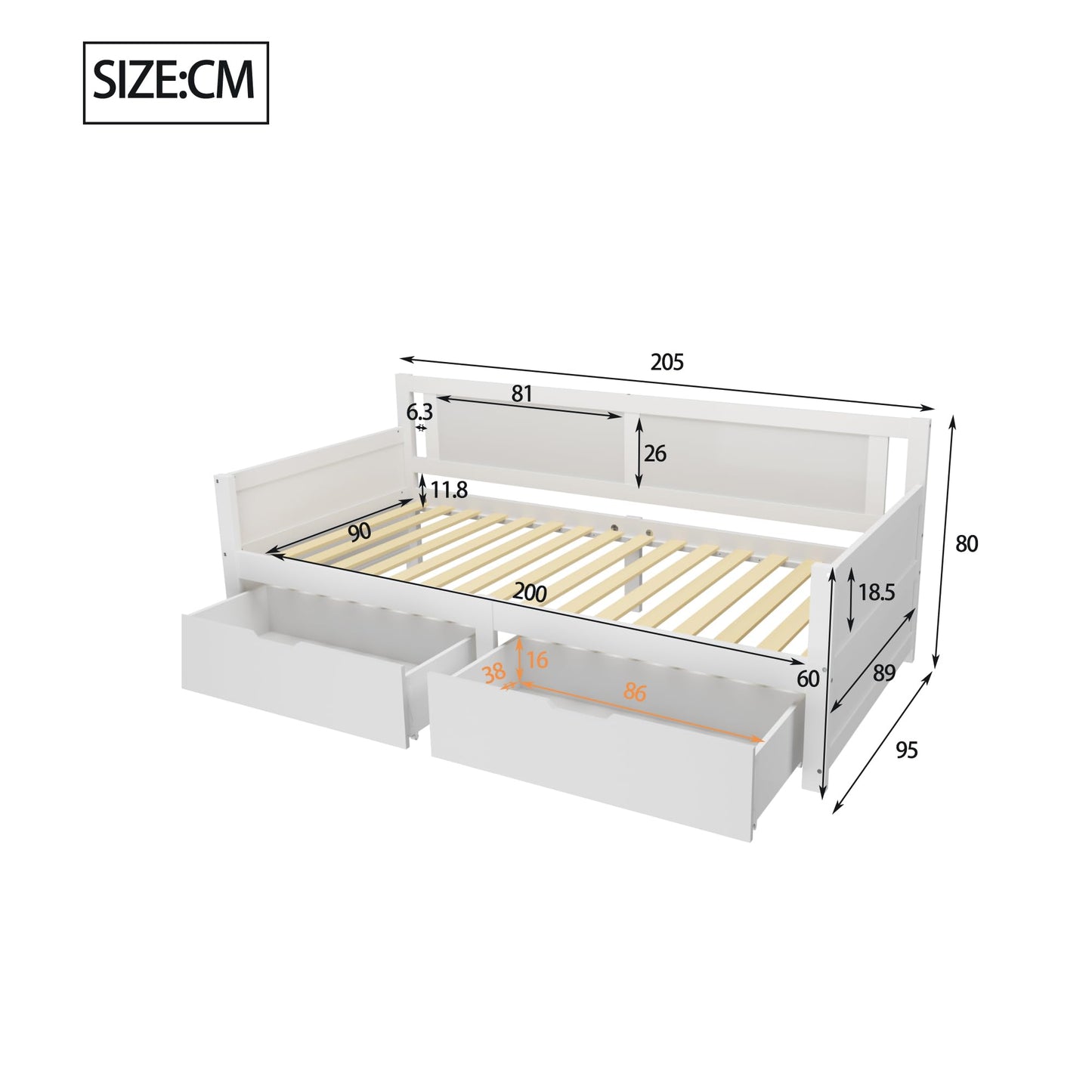 Children's Bed 90 x 200 cm, Wooden Bed with Drawers and Board, Headboard with Bookshelf and Fall Protection, Bed with Slatted Frame and Storage Space, Teenager's Bed, Functional Bed, Wooden Bed Frame,