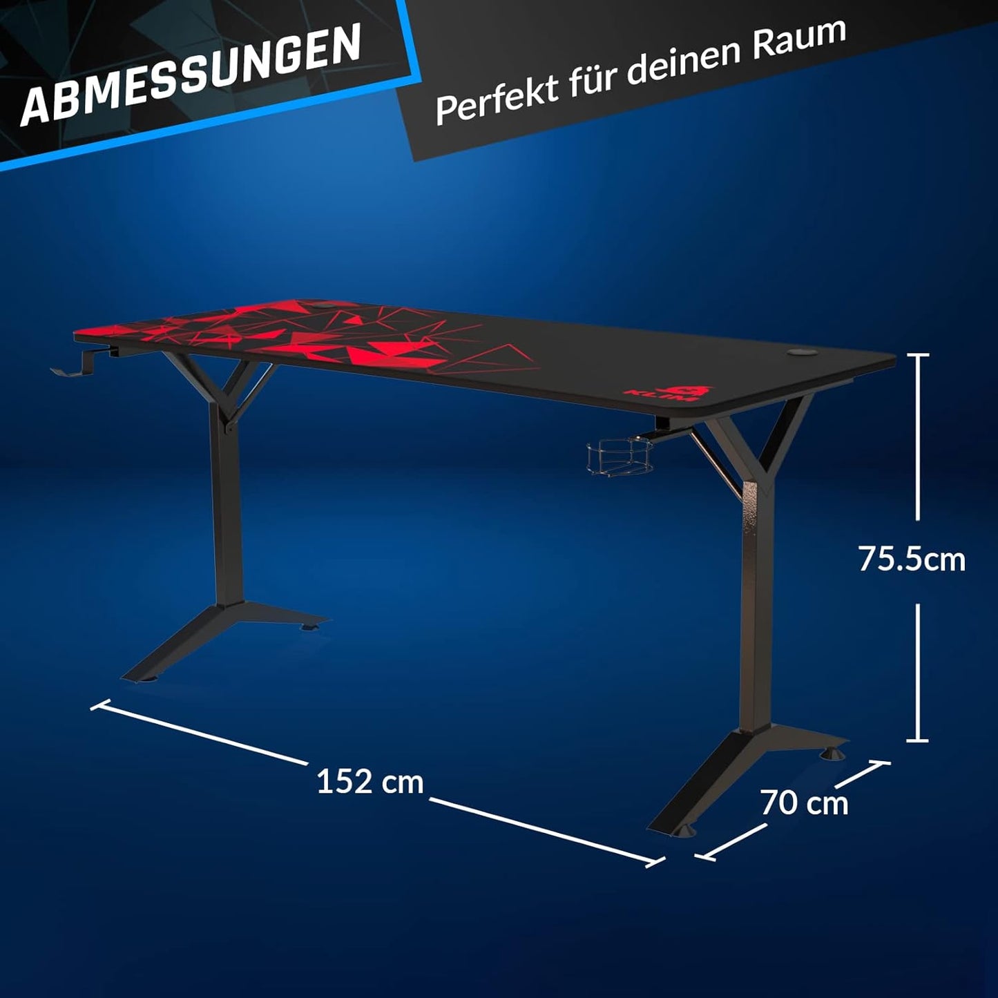 KLIM NEU K152 Gaming Tisch - 152 cm Gaming Schreibtisch, Getränkehalter, Headset Haken - Stabiler Computerschreibtisch aus Metall und Holz - Für Gaming und Büro - 20 Jahre Schutz