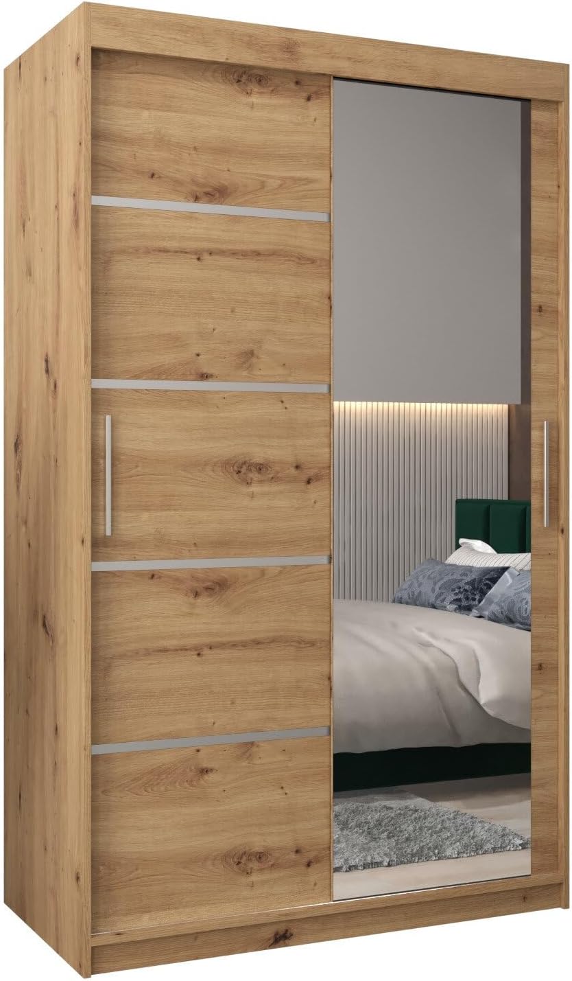 MEBLE KRYSPOL Kleiderschrank mit Spiegel Verona 2 - Garderobenschrank - Schrank Schlafzimmer - Mehrzweckschrank DREI Schiebetüren - Regalen - Flur Möbel - Kleiderstange Schrank - Allzweckschrank