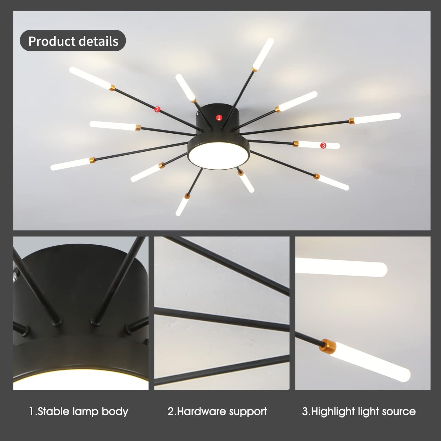 minifair Moderne LED-Deckenleuchte, 12 + 1 Köpfe, halbbündige Deckenleuchte, goldene Kronleuchter, Deckenbeleuchtung für Schlafzimmer, Wohnzimmer, Küche, Esszimmer, Restaurant