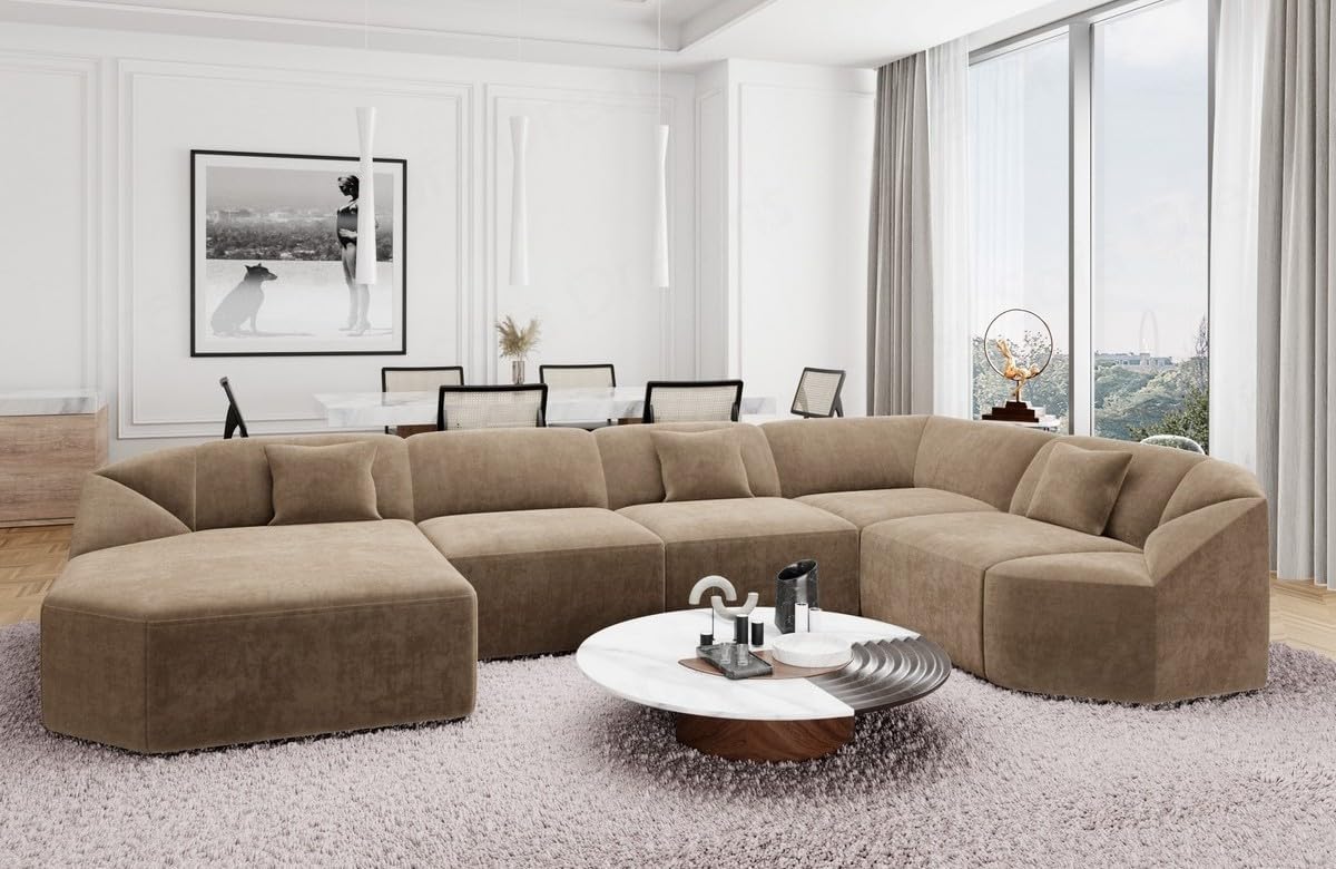 Wohnlandschaft Cabrera U-Shape Fabric Sofa in Velvet Designer Sofa Sun Velvet (Green, Ottoman Left)