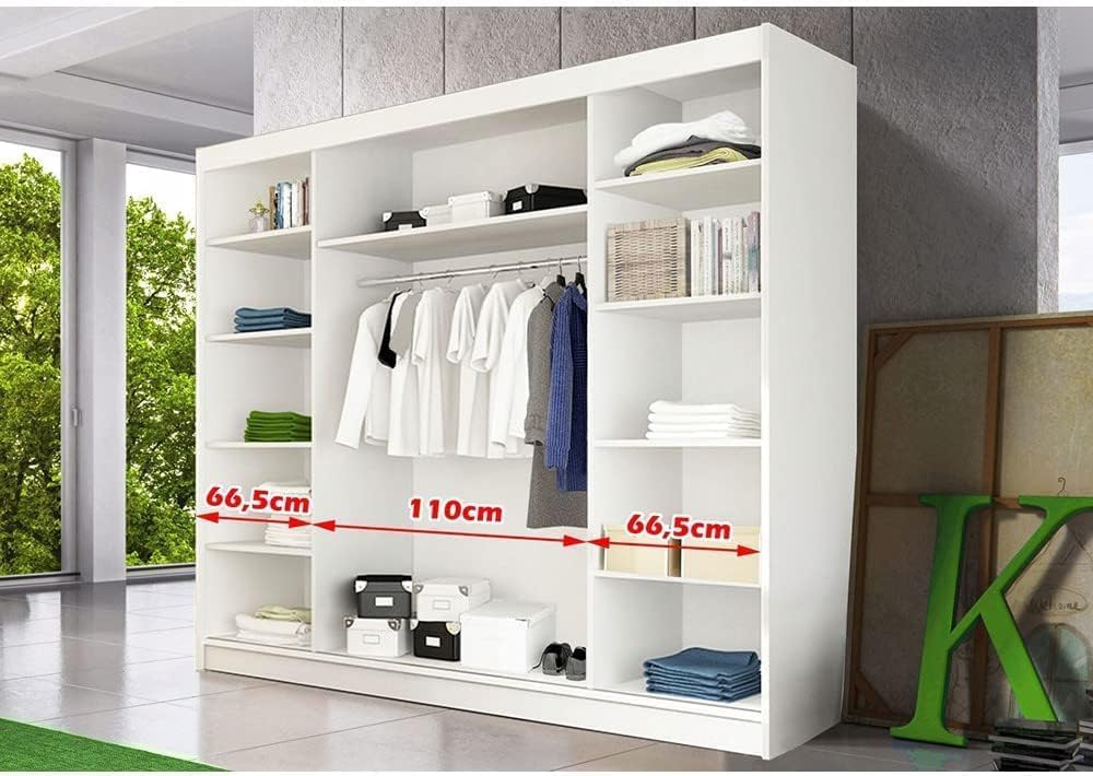 Fabryka Mebli Idźczak Kleiderschrank mit Spiegel, Schiebetüren - Weißer Schwebetürenschrank, Schlafzimmerschrank - 61 x 250 x 218 cm - Schrank für Schlafzimmer, Wohnzimmer, Garderobe