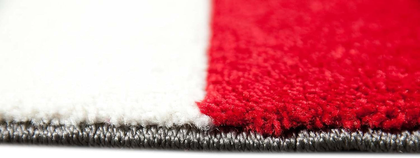 Designer Rug, Modern Short Pile Rug with Contour Cut, Chequered Pattern, Living Room, Red, Grey, White, Black
