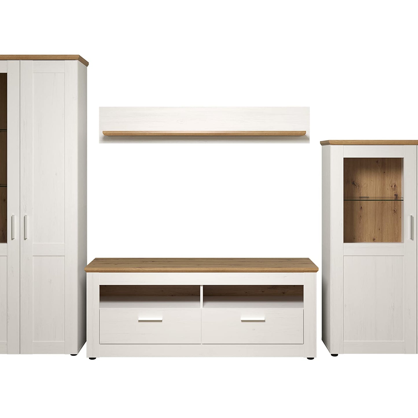 trendteam smart living - Shade - Wohnzimmerkombination - Weiß/Eiche - Vitrine hoch, TV-Unterteil, Wandboard, Vitrine halbhoch - (BxHxT) 368 x 194 x 45 cm - silberfarbene Griffe